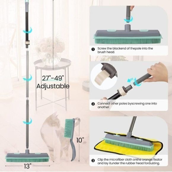 Rubber Broom Carpet Rake and Lint Brush Set with Squeegee and Telescopin… - Picture 2 of 2